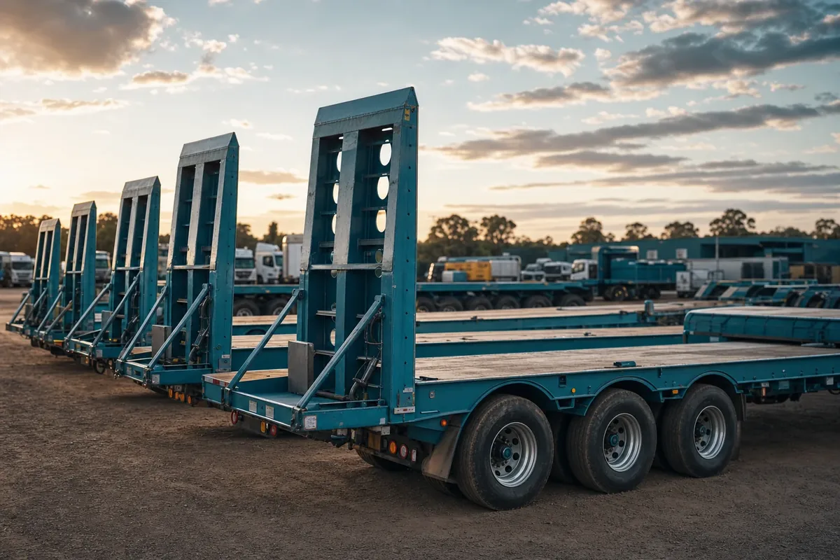 Fleet of commercial transport trailers in an industrial equipment-hire yard