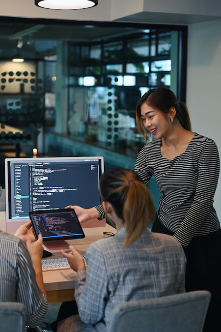 Team of software developers discussing project